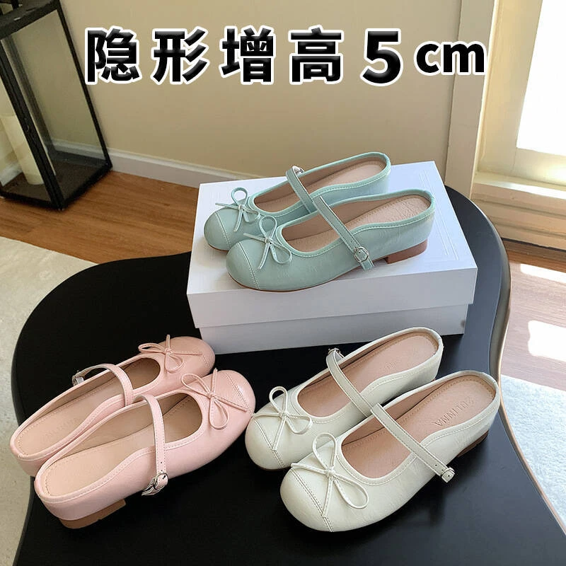 真皮法式蝴蝶结包头半拖女2025夏季芭蕾鞋软底温柔内增高浅口单鞋