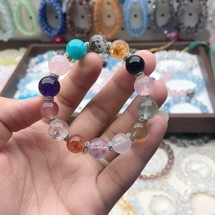 手链银S925镶嵌烟晶14种不同水晶多宝