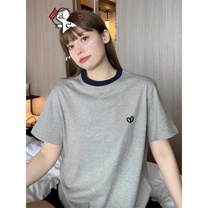 2025新款正肩领口撞色短袖t恤女时尚洋气灰色宽松上衣打底衫夏季