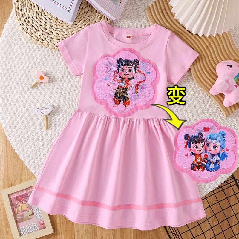 哪咤女小童韩版哪吒敖丙翻转变脸亮片短袖连衣裙夏季宝宝连衣裙