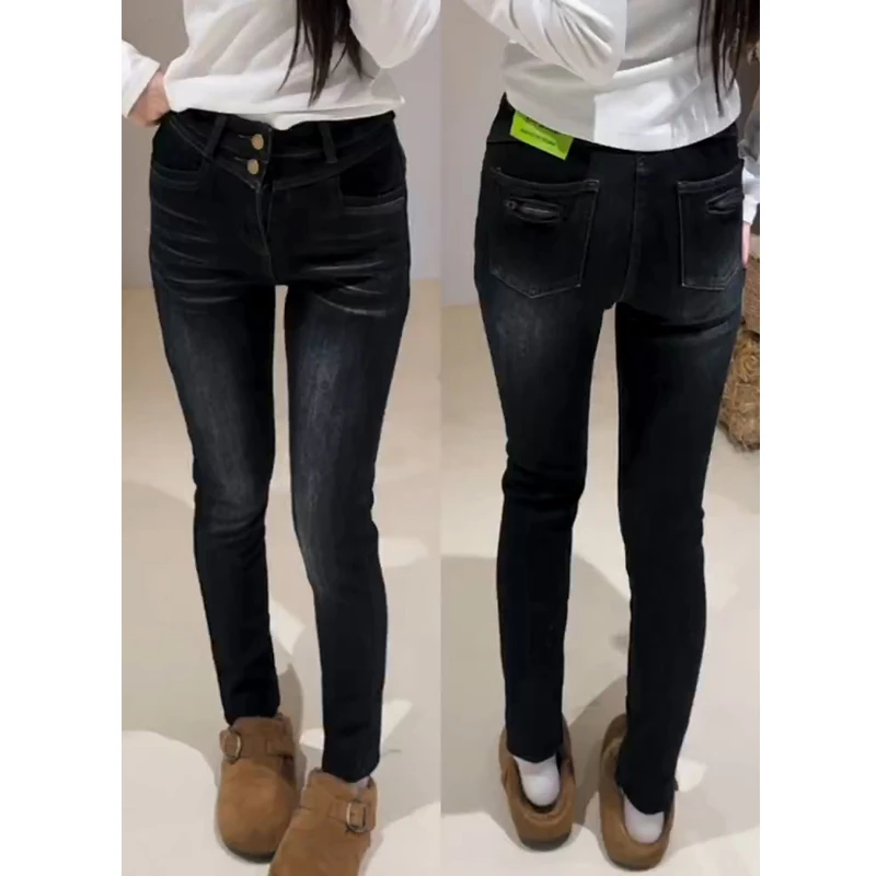 秋冬加绒高腰小脚牛仔裤女2025大码小个子弹力显瘦修身百搭铅笔裤