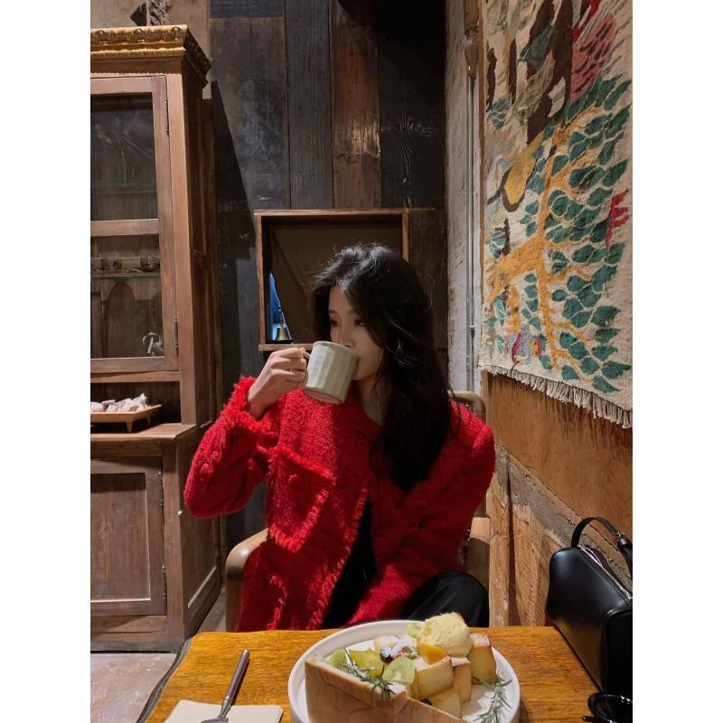 梓静 高级感气质羊毛红色小香风女外套春秋冬百搭不挑人0101