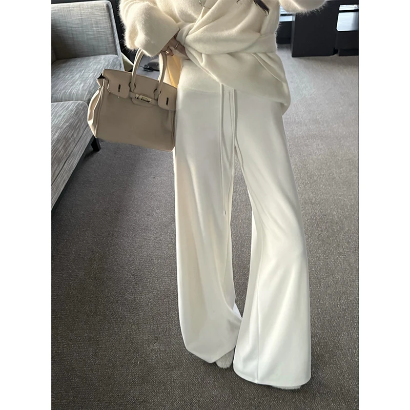 耶古老钱风白色加厚针织糯米裤女2025秋冬新款高腰宽松直筒长裤子