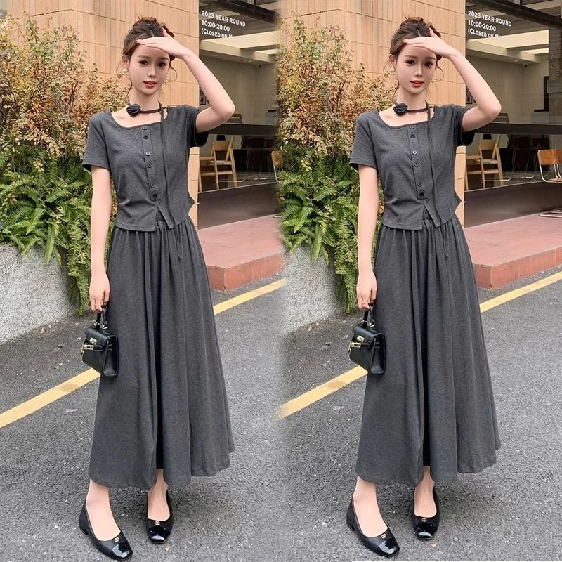 2025夏季新款时尚气质小香风休闲短袖套装棉套装半身裙两件套