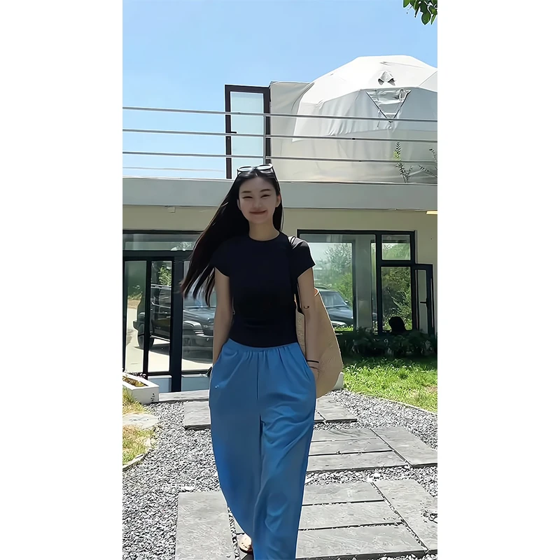 2025新款女士夏季设计感小众修身短款黑色短袖t恤上衣宽松阔腿裤