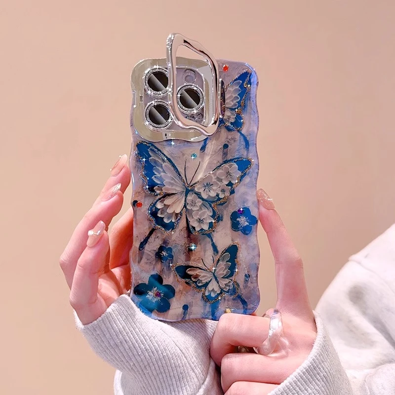 蓝光梦幻蝴蝶适用苹果16promax手机壳iphone15pro支架14小众13pro