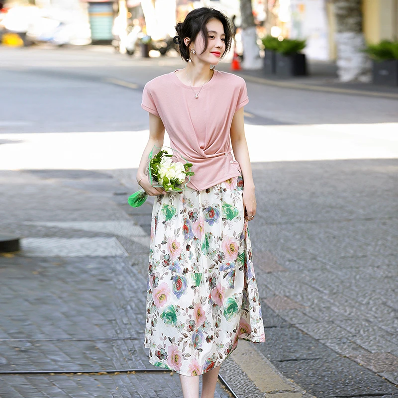 6029 新款时尚百搭气质显瘦春夏穿搭镂空针织衫碎花半身裙套装