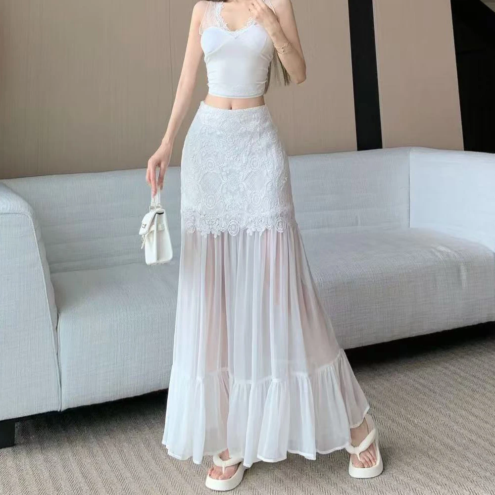 减龄气质白色蕾丝拼接雪纺长裙女春夏时尚纯欲辣妹包臀裙半身裙子