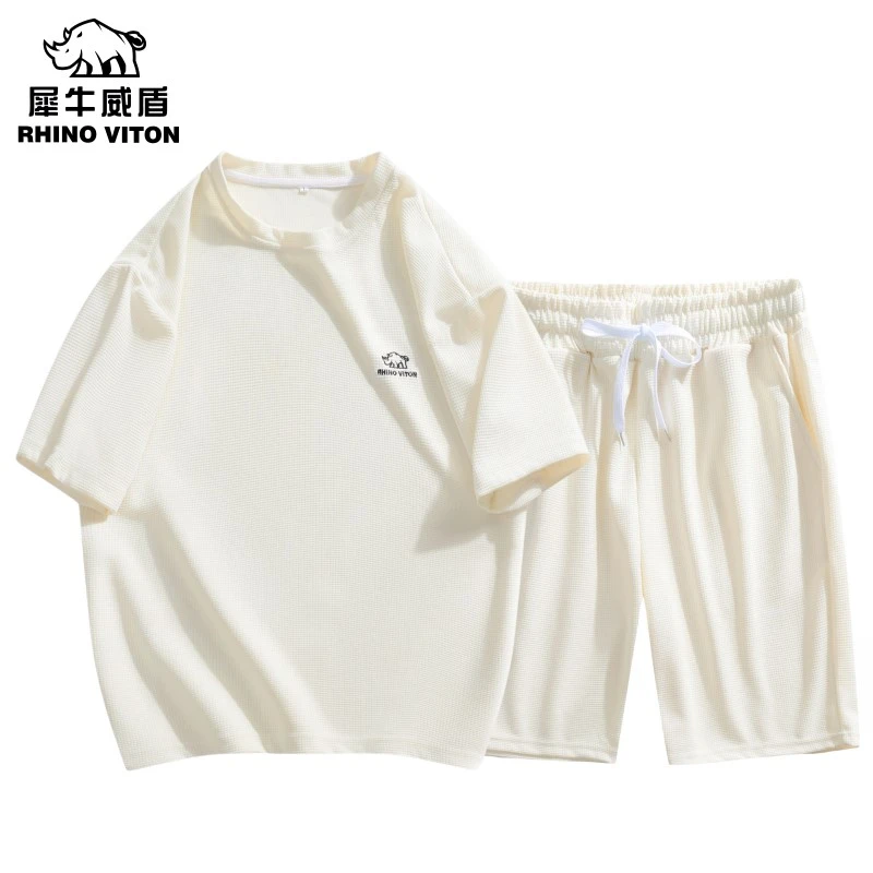 260G重磅棉质华夫格透气男女同款宽松T恤套装两件套T889-T1