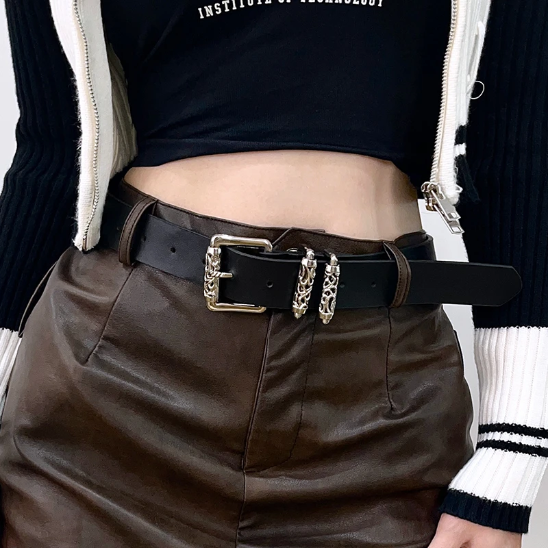 复古雕花滚轮镂空扣腰带朋克月亮字母扣牛仔裤带高街男女潮流皮带