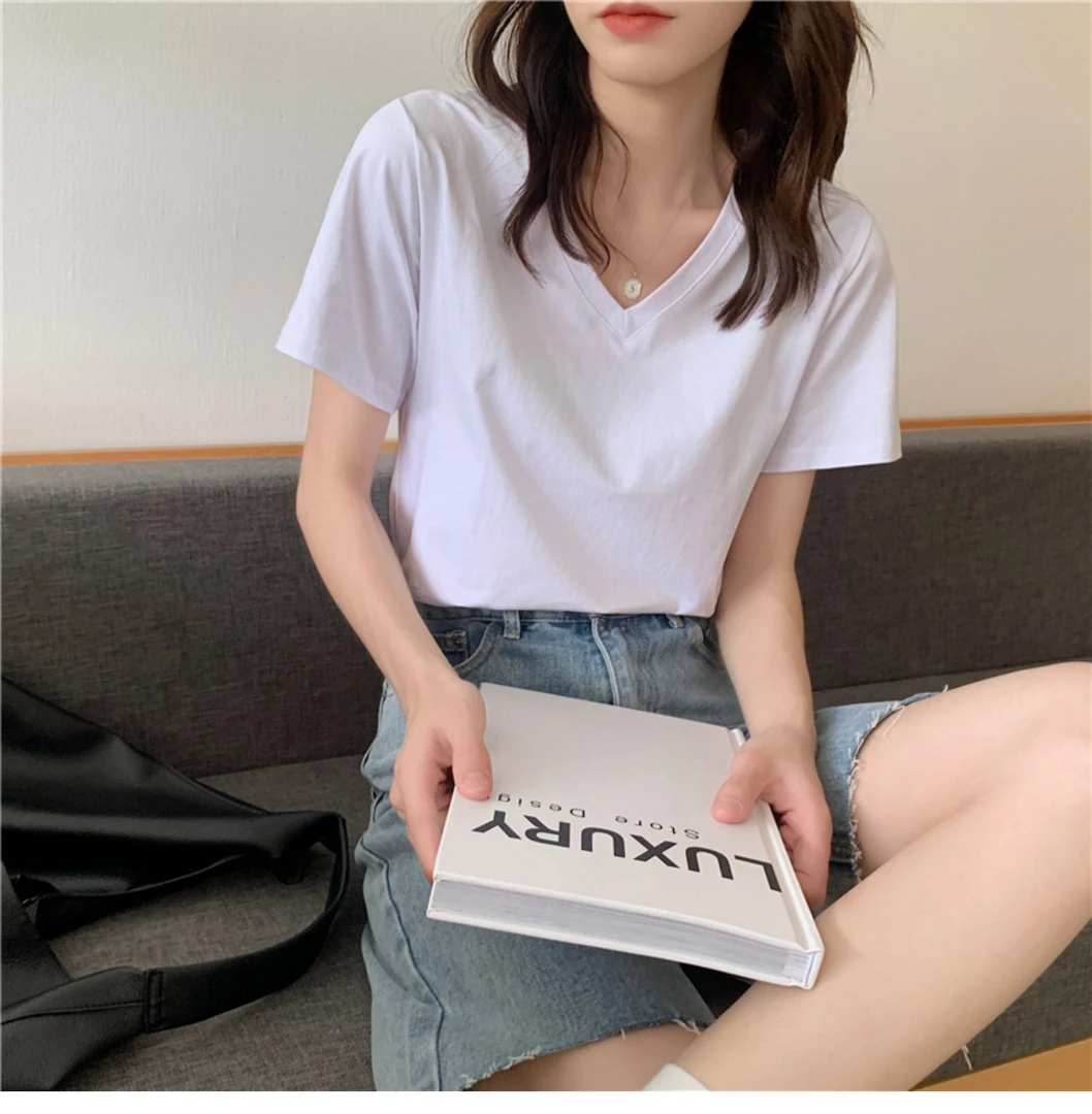 夏季白色V领上衣女宽松棉质正肩体恤纯色百搭西装打底内搭短袖T恤