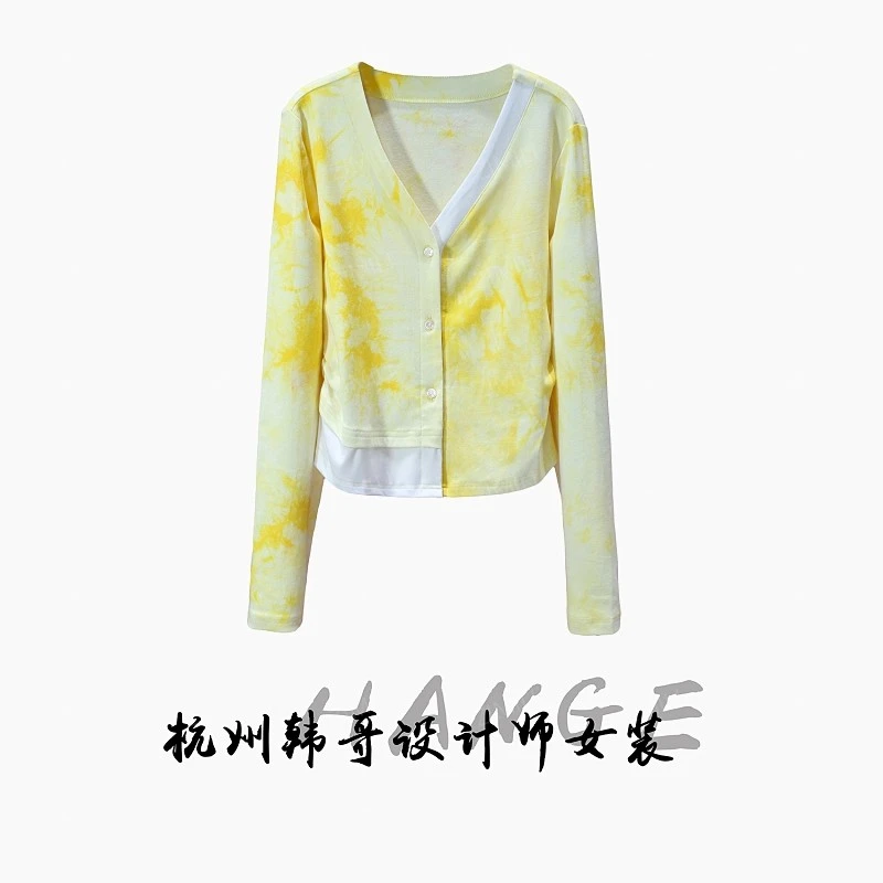 【韩哥女装】轻薄舒适面料欧货小众鹅黄色晕染拼接时尚开衫7365-E9