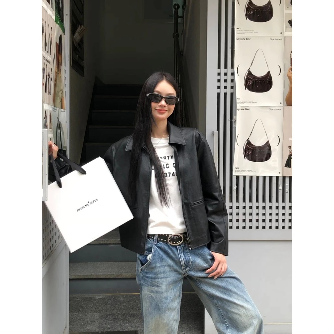 【韩女法则】秋季美式百搭夹克宽松短款设计BD皮衣253V2116