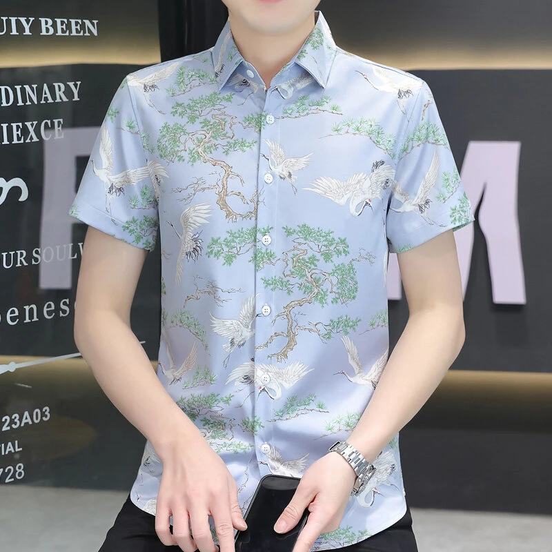 2025夏季新款男士时尚正装印花翻领短袖衬衫潮流百搭薄款休闲衬衣