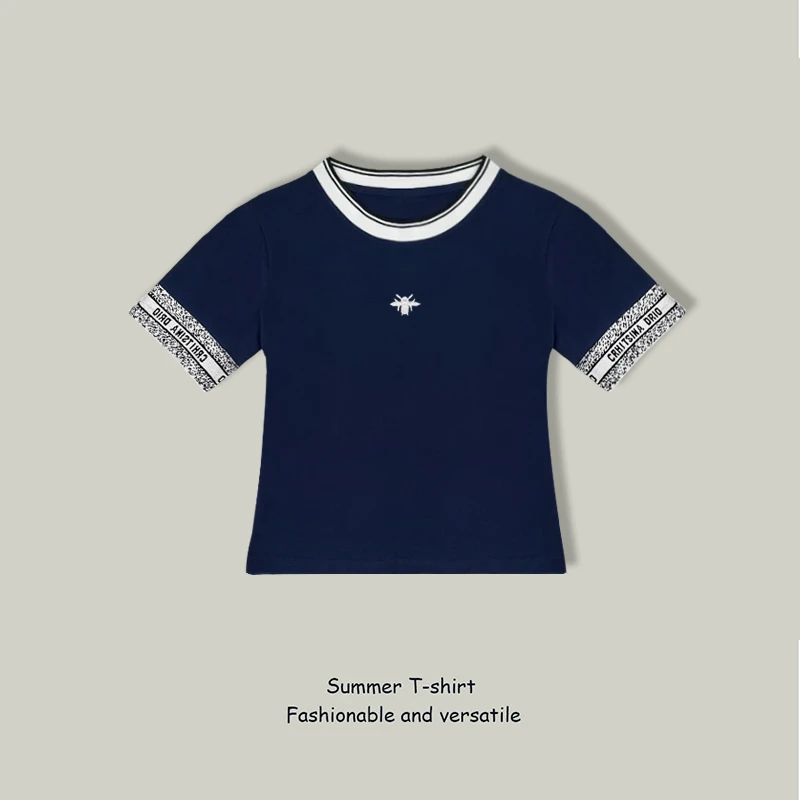 短袖T恤女2025夏季新款刺绣拼接设计感休闲时尚圆领撞色百搭上衣