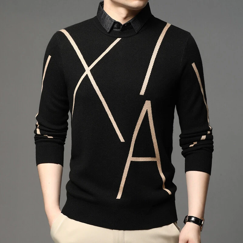 男士假两件翻领春秋针织衫中青年高档时尚休闲潮流长袖打底衫