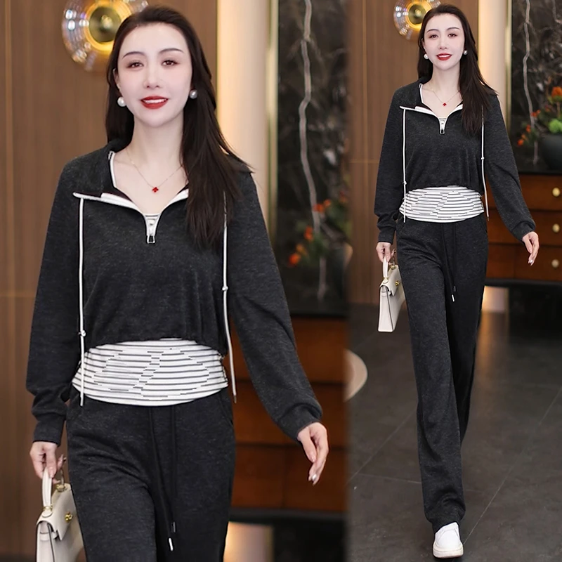 休闲风时尚套装女2025春秋新款内搭背心连帽长袖卫衣直筒裤三件套