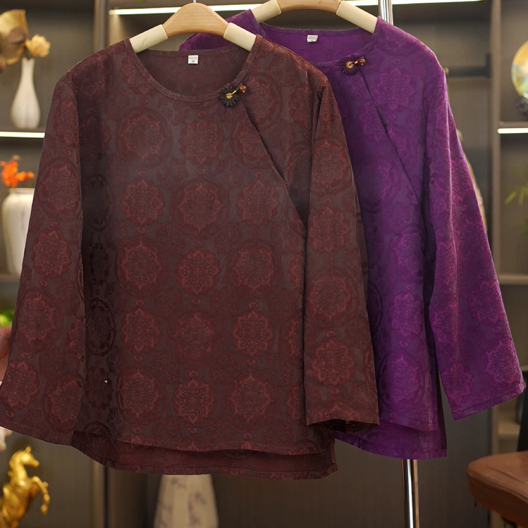 【梅子】新中式早春桑蚕丝重磅大王缎35姆米圆领九分袖早春上衣