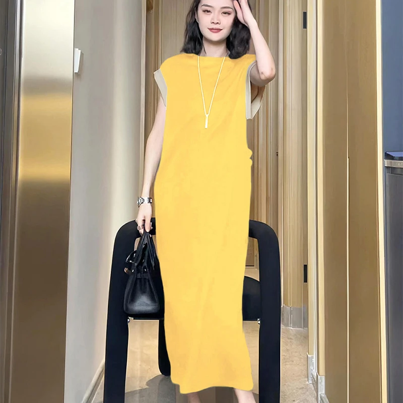 无袖套头夏季黄色宽松连衣裙夏装法式过膝气质纯色慵懒风长款裙子