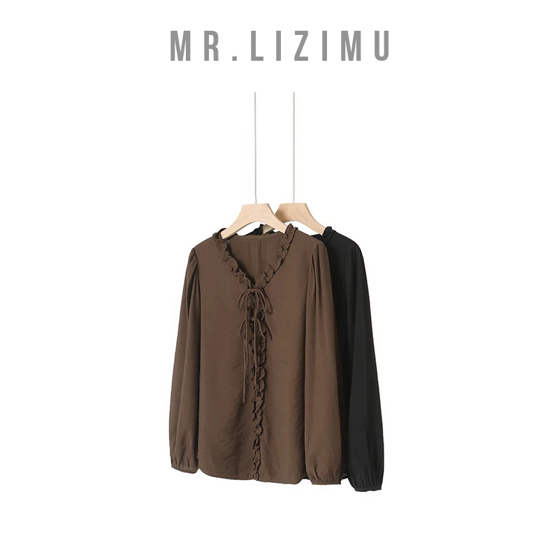 李子木先生女春秋外穿衬衣流光风木耳抽绳衬衫女2025新款爆款洋气