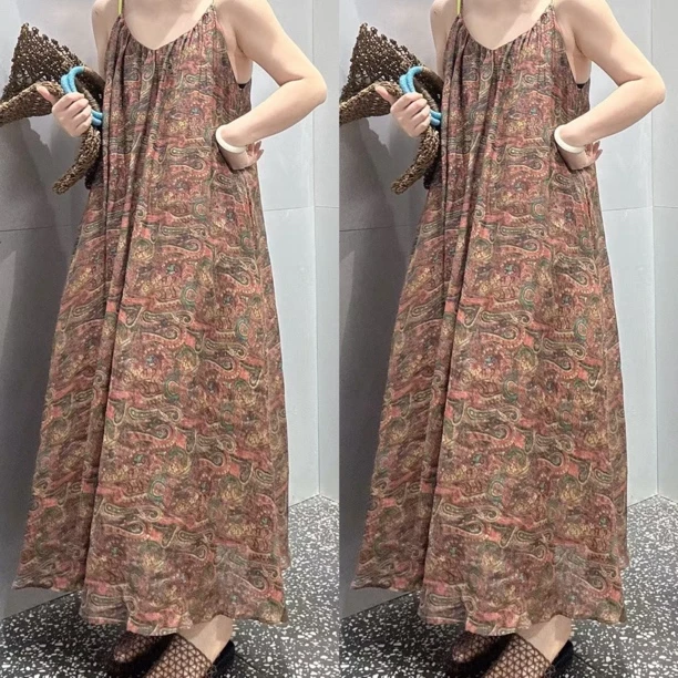 LELE复古百搭提花吊带连衣裙