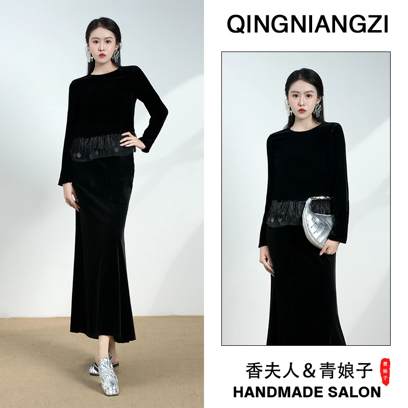 青娘子丝绒（芊婉）拼接新中式国风时尚修身长袖上衣60836