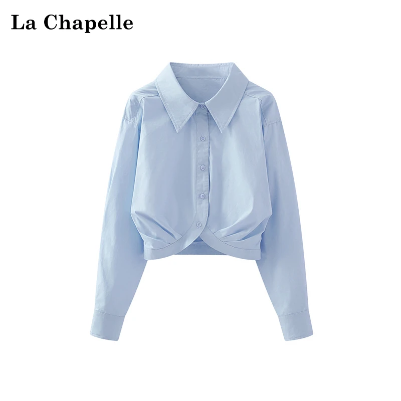 拉夏贝尔甜美粉紫色衬衣上衣翻领褶皱短款长袖衬衫女新款高级时尚