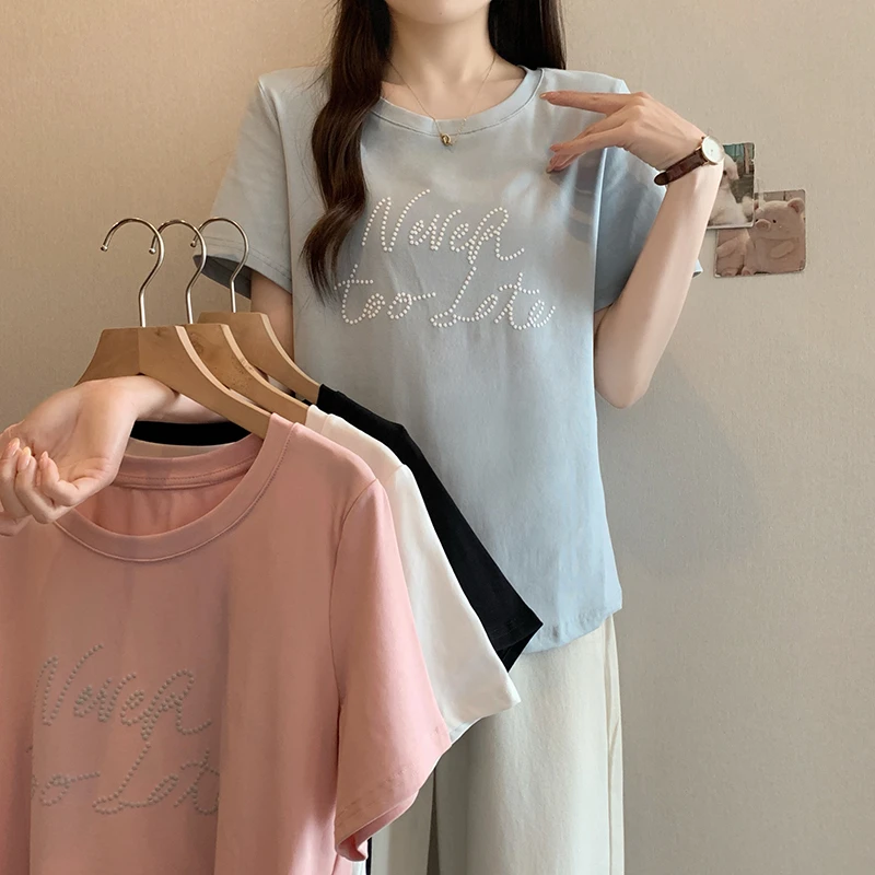 【小曹大码】夏装新款女时尚钉珠字母宽松显瘦短袖T恤-ONL33829
