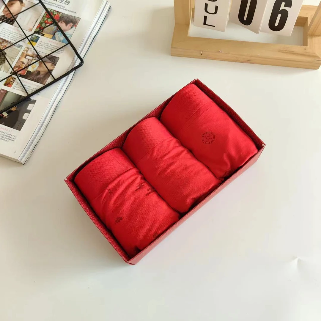 外贸无印男士红色无痕内裤本命年平角裤礼盒装-WY-798