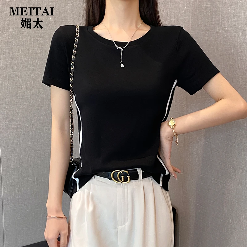 MEITAI媚太圆领撞色短袖t恤女春夏修身打底衫侧边条纹内搭上衣潮