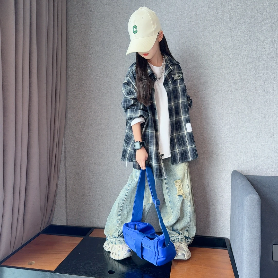 女童秋装格子衬衫2025年新款女孩洋气早秋外套早秋外套牛仔套装