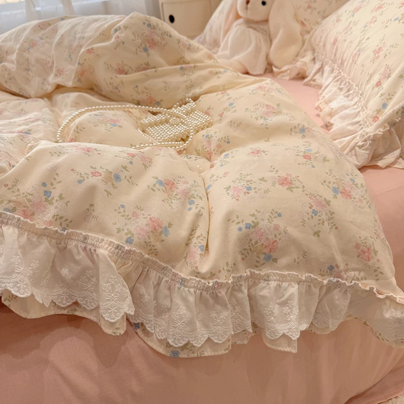仙女款荷叶边全棉双层纱四件套公主风纯棉被套少女心床笠1.8m床品