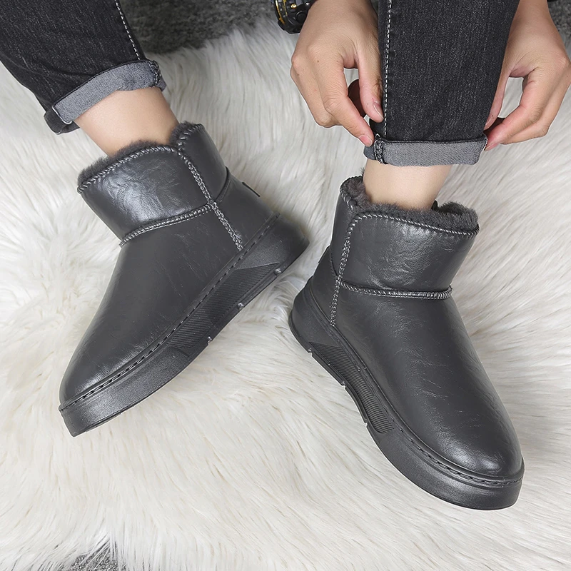 东北男士雪地靴皮面防水防滑厚底软底加绒加厚保暖时尚雪地靴棉靴