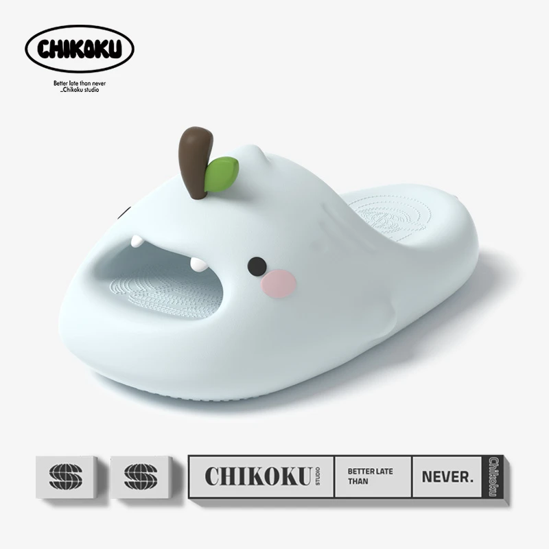 chikoku新款苹果小鲨鱼一字拖鸳鸯萌拖鞋女夏季情侣居家凉拖男