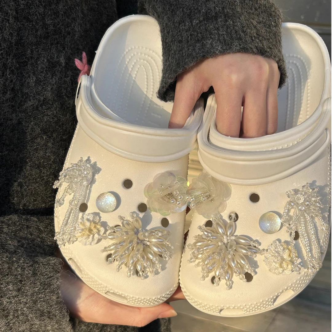 crocs 配饰原创绝美白色霜花流苏鞋面装饰可拆卸洞洞鞋花鞋扣diy