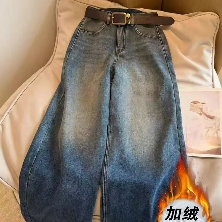 加绒加厚刺绣牛仔裤秋冬美式设计感高级感高腰宽松拖地阔腿裤