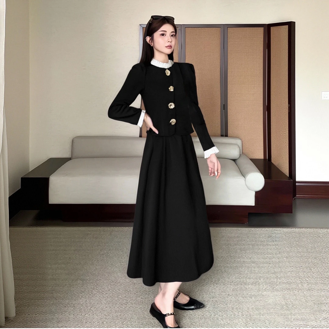 A【两件套】2025春秋新款法式千金风花朵上衣半身裙两件套装D3251