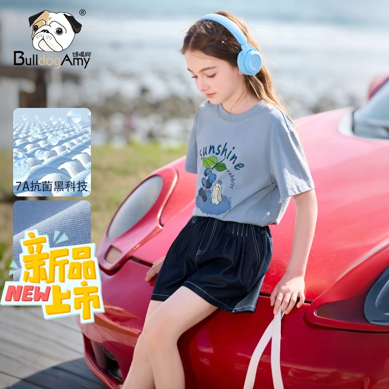 女童短袖T恤2025夏季新款洋气儿童蓝色卡通印花体恤大童女孩半袖