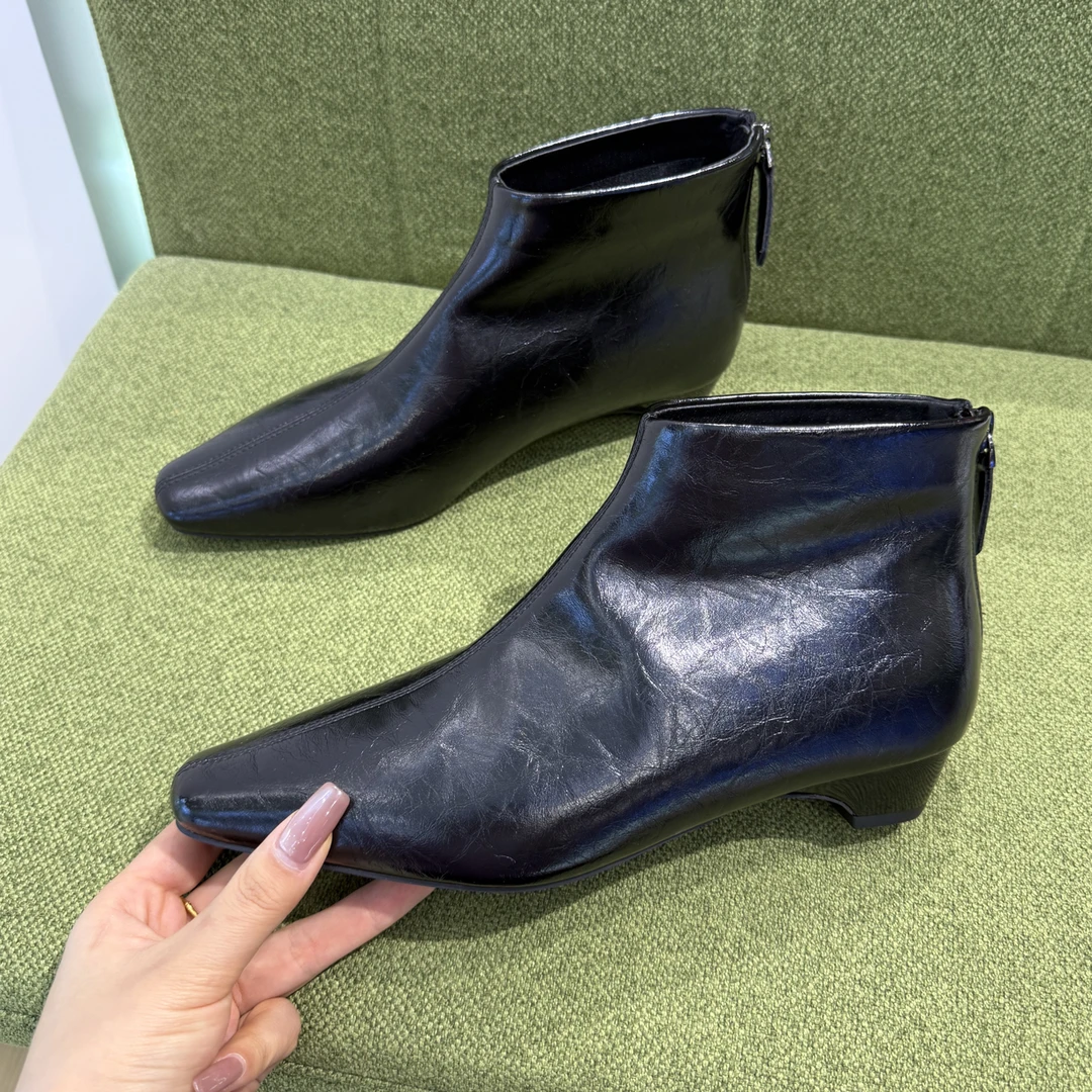 真皮法式坡跟及踝瘦瘦小短靴女款秋冬