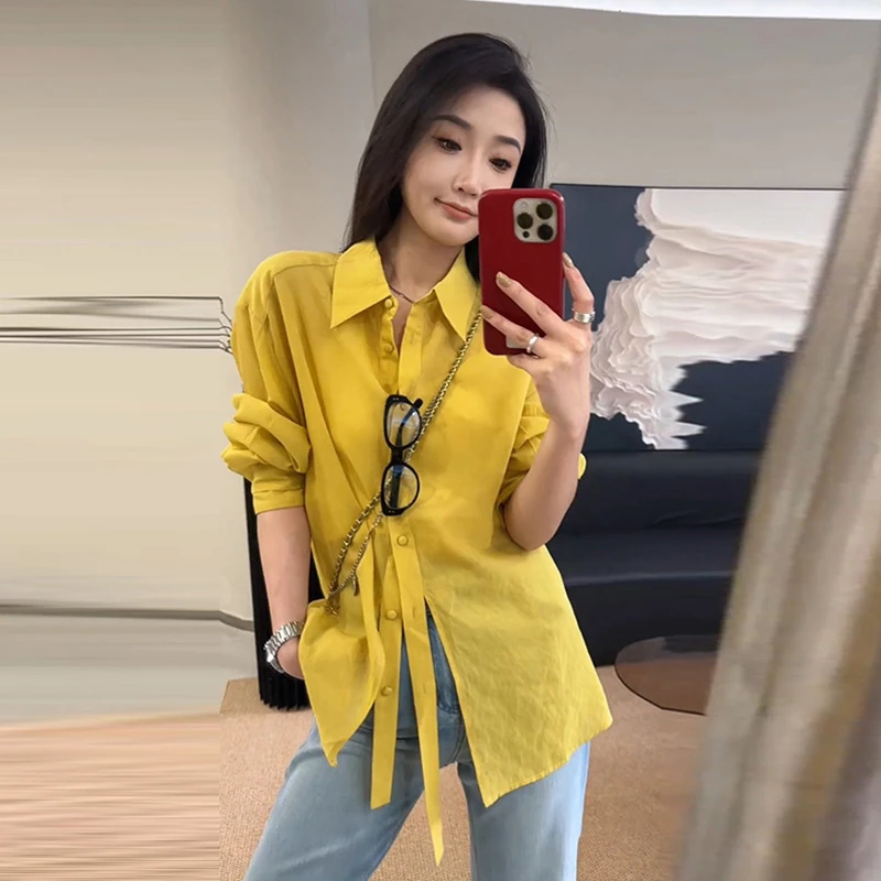 时尚小众设计感长袖衬衫女2025春夏季新款设计感纯色薄款衬衣开衫
