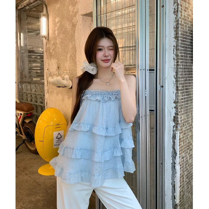荷叶边韩系蓝色吊带背心女夏季2025新款宽松甜美无袖外穿显瘦上衣