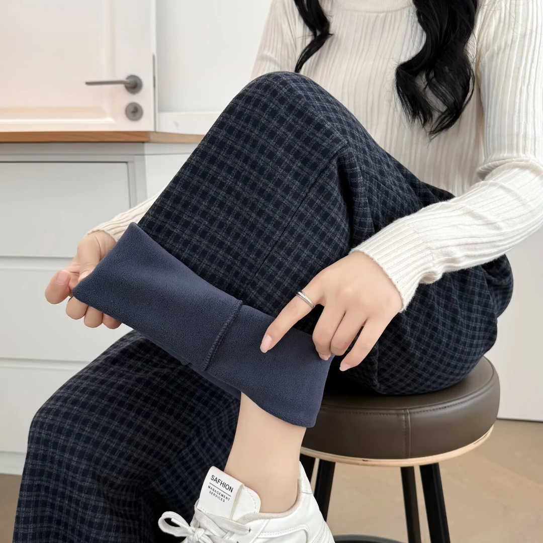 【格子显瘦加绒直筒裤】松紧腰 抽绳款 简约大方显瘦  遮肉 休闲裤