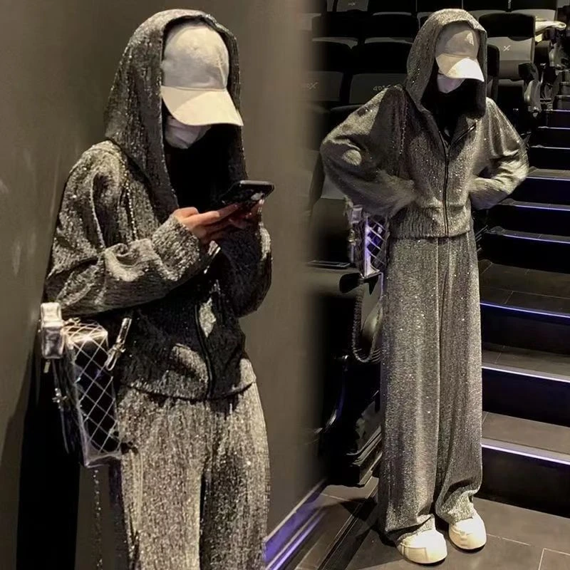 【粉丝专属】2件套烫钻亮闪闪连帽拉链轻奢套装长袖套装女春秋季519