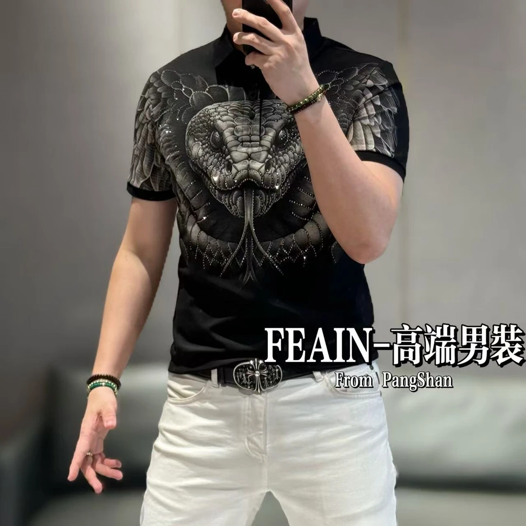 高端欧货幻彩印花奥钻点缀蟒蛇图案男士短袖Polo1950