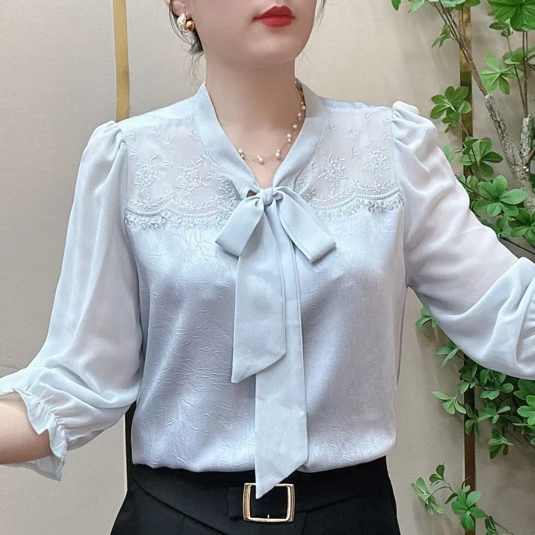 《新款上新》万针刺绣蝴蝶结夏季通用衬衫上衣春季七分袖气质时尚女