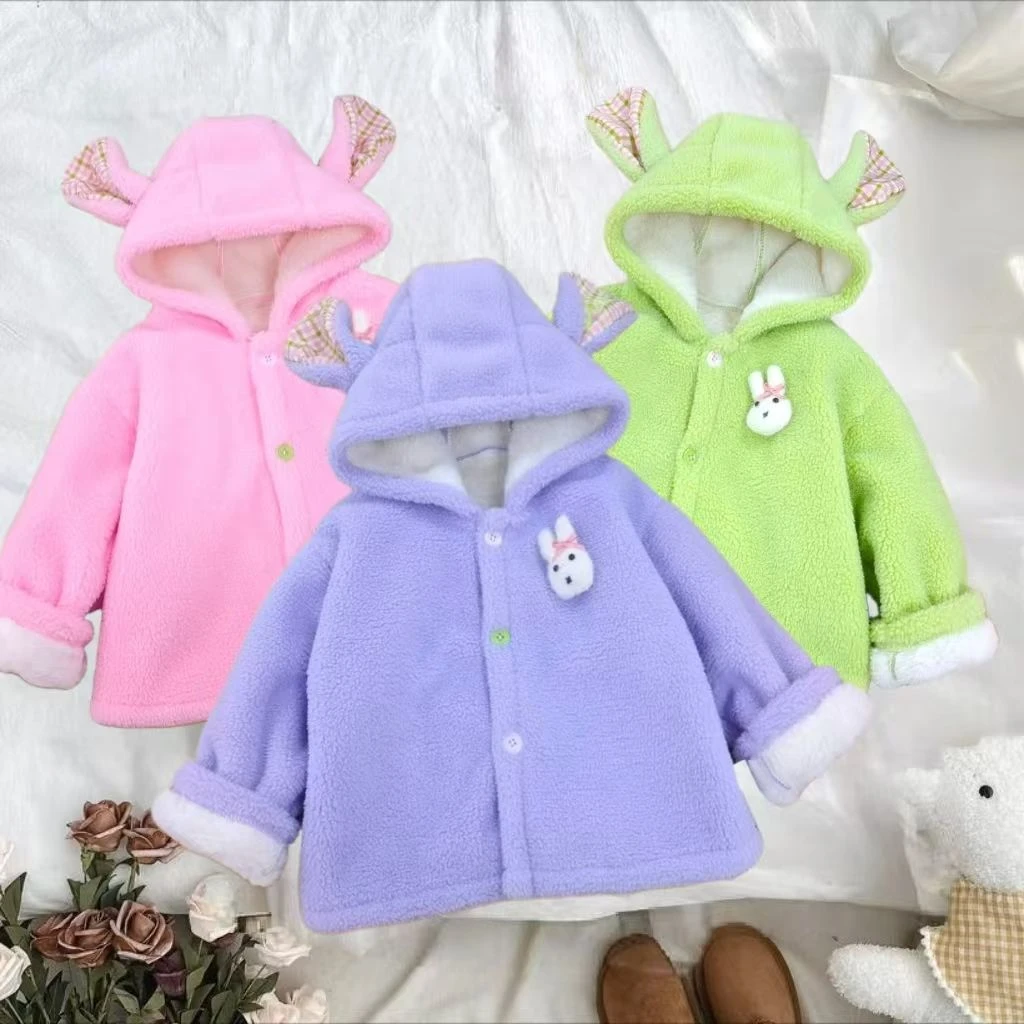 女童秋冬洋气保暖加绒大耳朵外套宝宝韩版时尚带帽卡通外套Q234