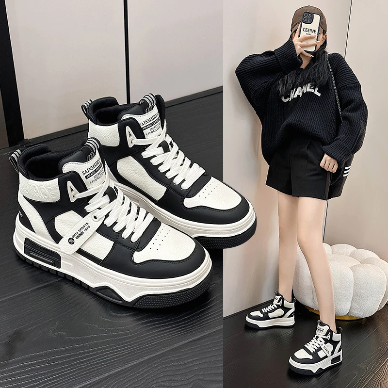 高帮小白鞋女韩版真皮厚底休闲板鞋2025秋冬新款加绒保暖运动鞋潮