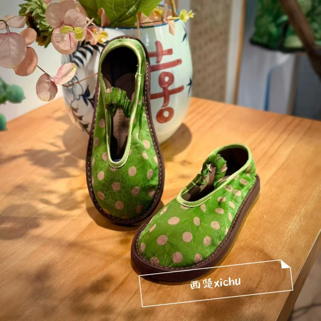 西楚夏上新【绿波点松紧】香云中国风透气舒适养脚纯手工千层底布鞋