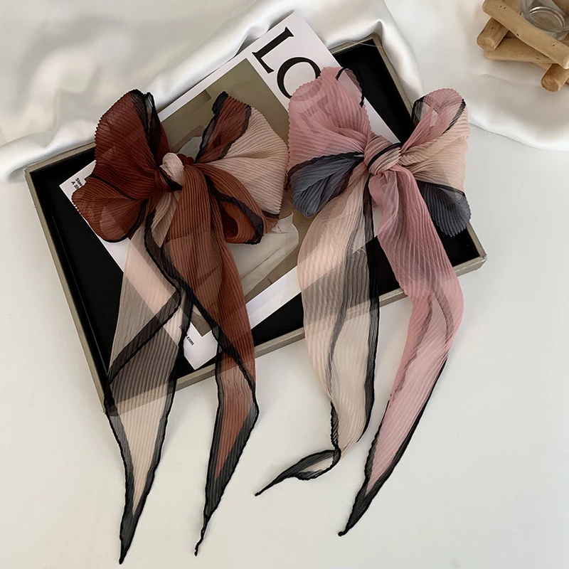 丝巾高级感新款拼色压皱领巾菱形巾时尚多功能装饰薄纱围巾系腰带