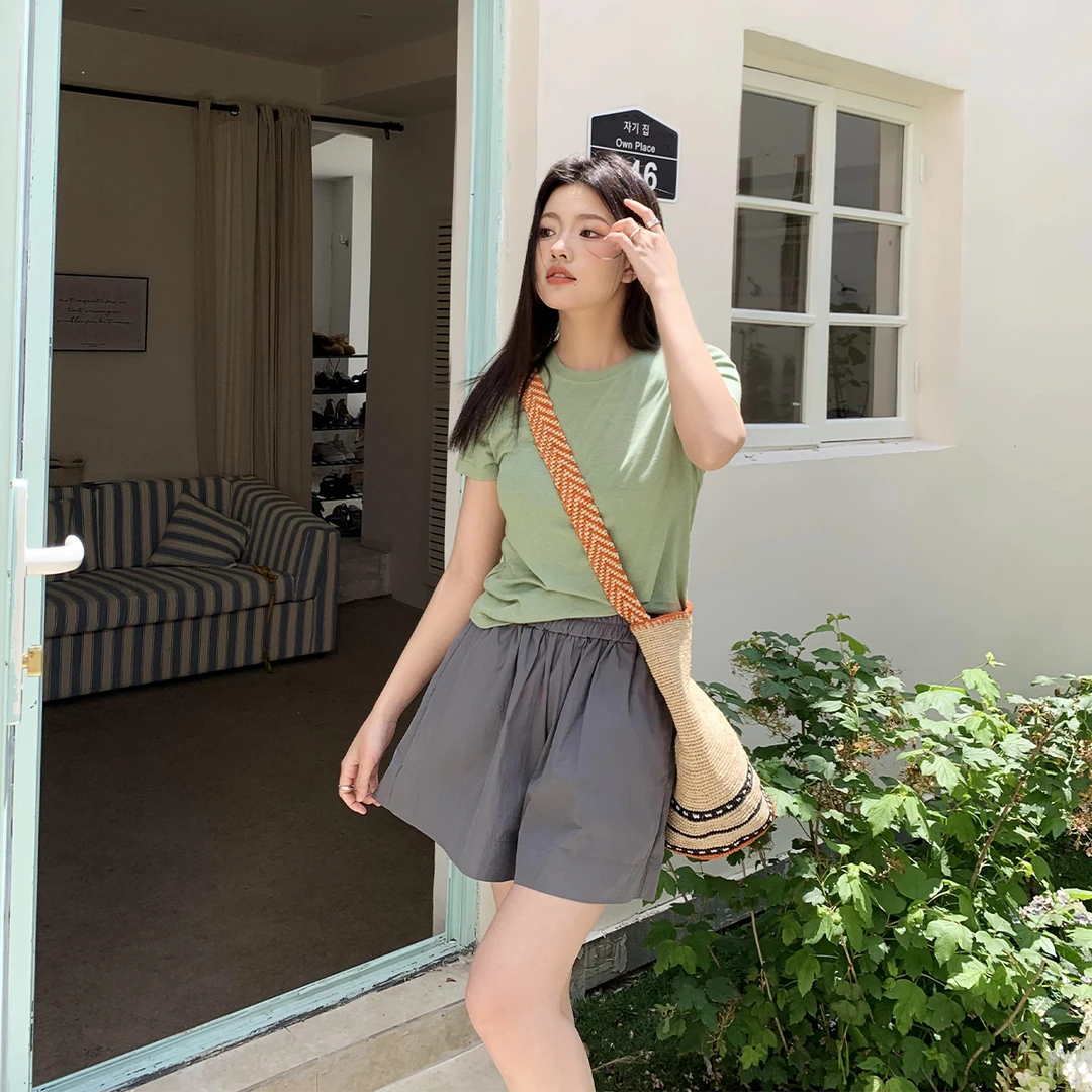 晶咕白标~佰搭~高弹醋酸莱赛尔合身短袖T恤显瘦白色高腰休闲夏季